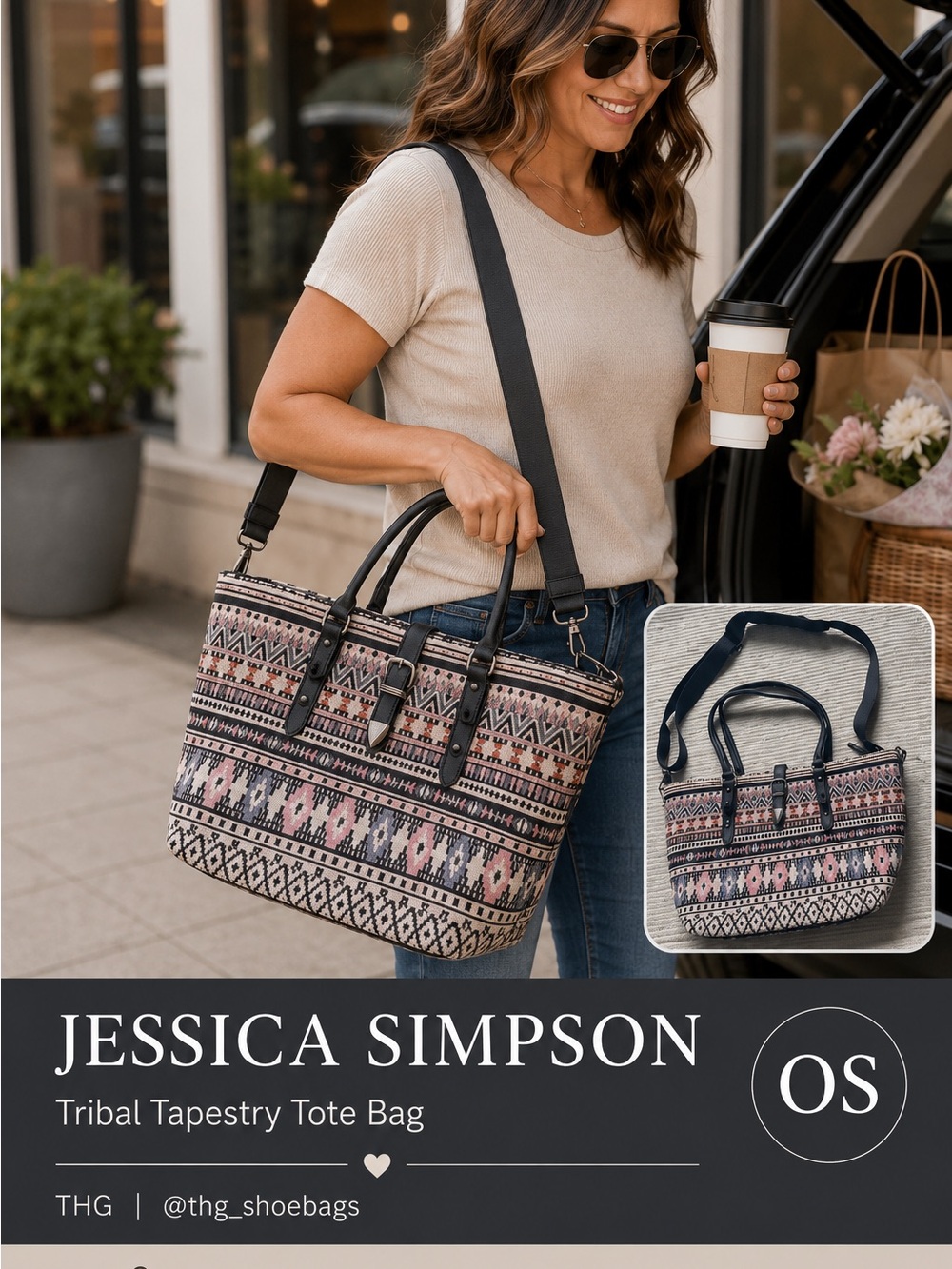 Jessica Simpson Tribal Tapestry Tote Bag Boho Aztec Crossbody Convertible Purse